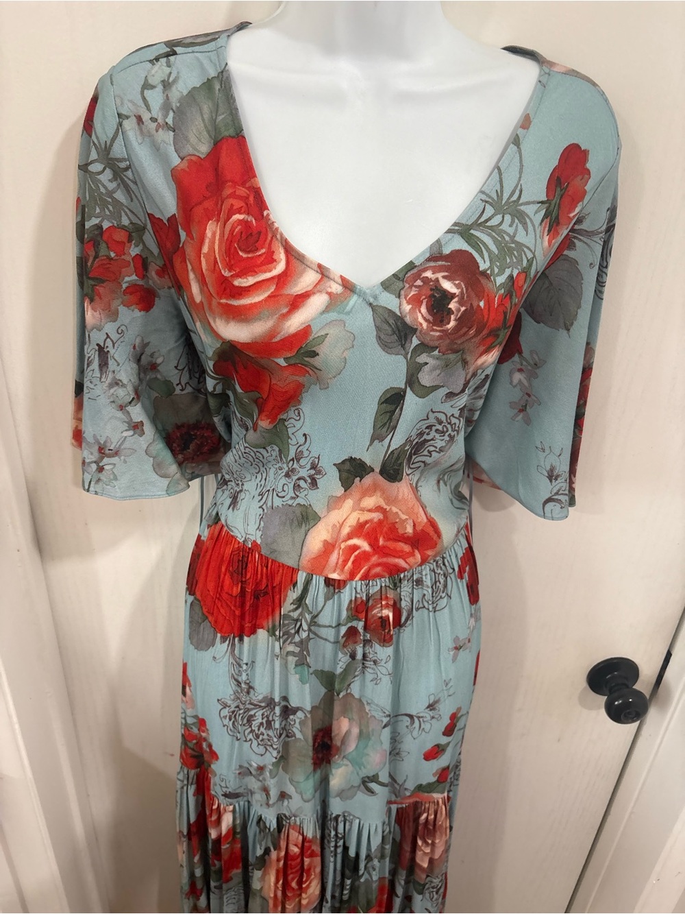 Soft Surroundings Light Blue Maxi Dress with Red Floral Print - Picture 5 of 10